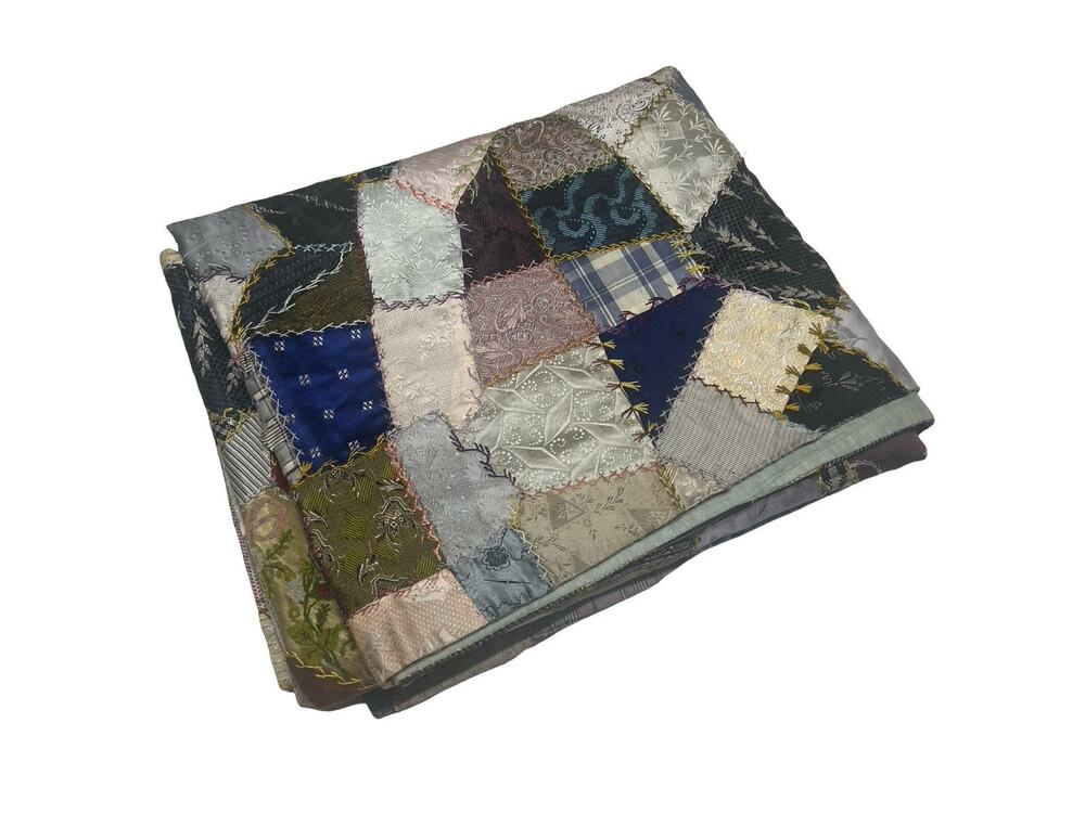 Antique 1933 Crazy quilt Detailed Stitching 62" x 70" Upcycled Ties & More